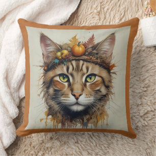 Charming festive Thanksgiving Cat in Disguise Throw Pillow