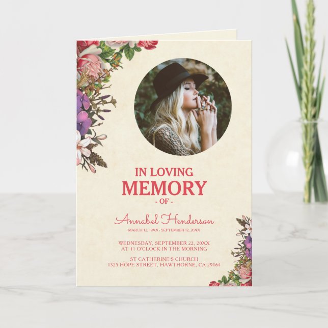 Charming Floral Sympathy Photo Funeral Program (Front)