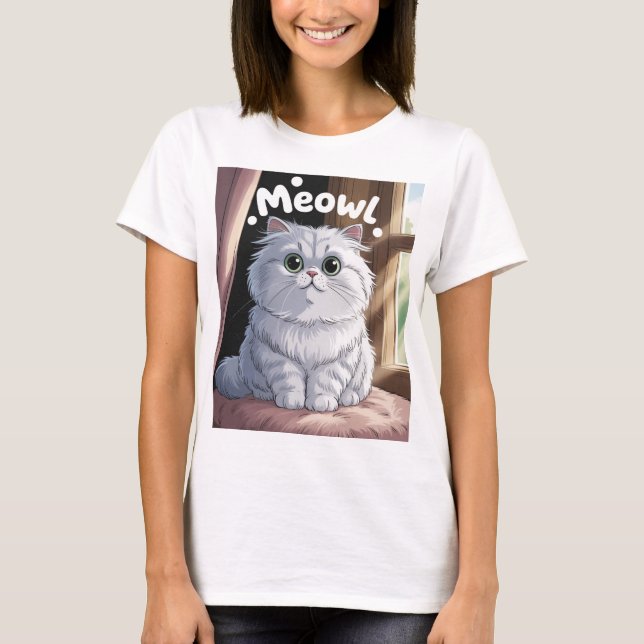 Charming Fluffy White Persian Cat "Meow!" Sticker  T-Shirt (Front)