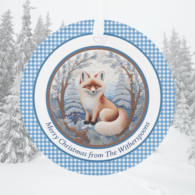 Charming Fox in Blue Forest Gingham Christmas Ornament (Creator Uploaded)