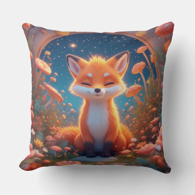 Charming Fox Sitting Amidst a Fantasy Forest Throw Pillow (Front)