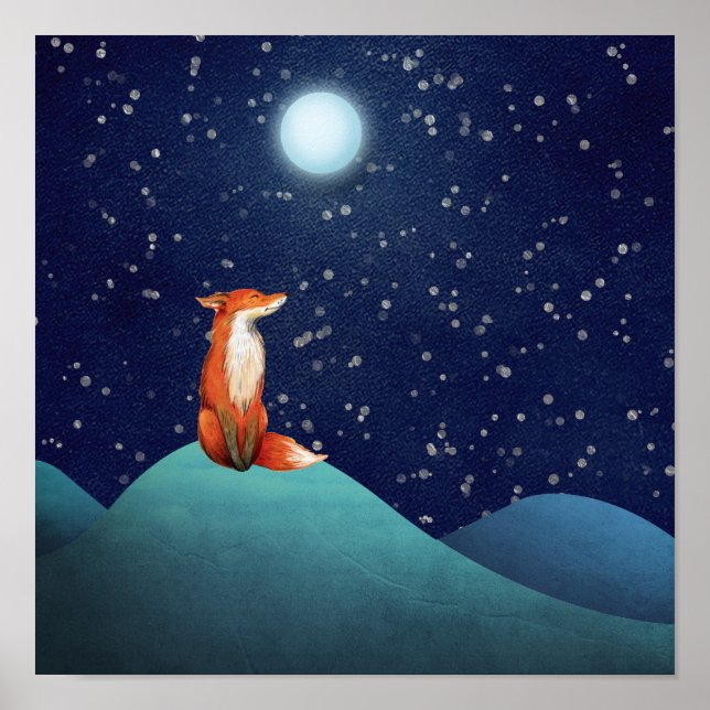 Charming Fox Sitting Under a Full Moon Poster (Front)