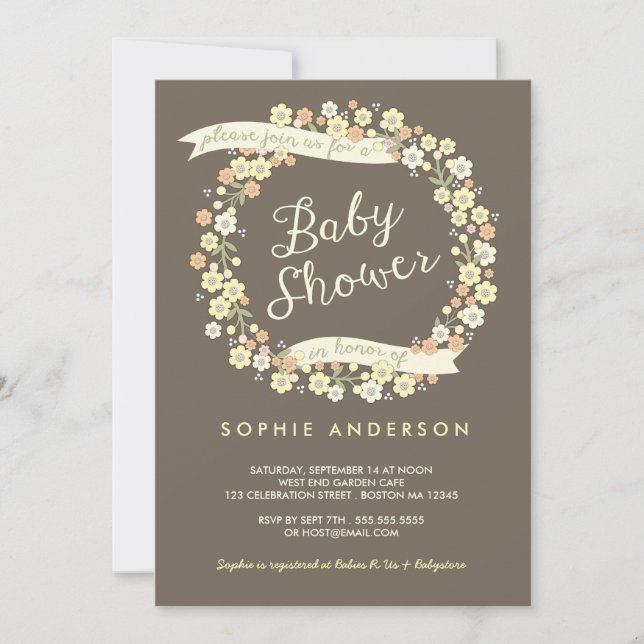 Charming Garden Floral Wreath Neutral Baby Shower Invitation (Front)