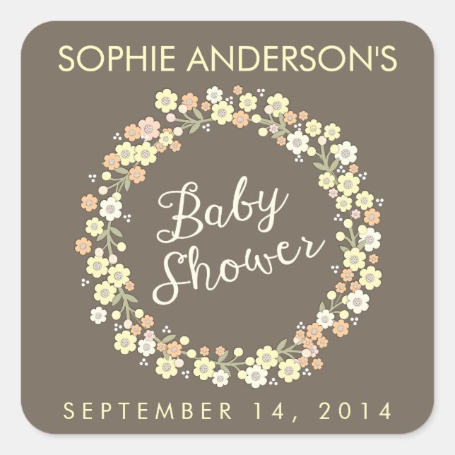 Charming Garden Floral Wreath Neutral Baby Shower Square Sticker (Front)