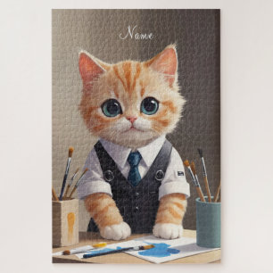 Charming Ginger Cat Artist with Paintbrushes Cute Jigsaw Puzzle