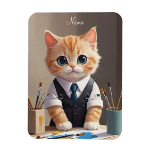 Charming Ginger Cat Artist with Paintbrushes Cute Magnet