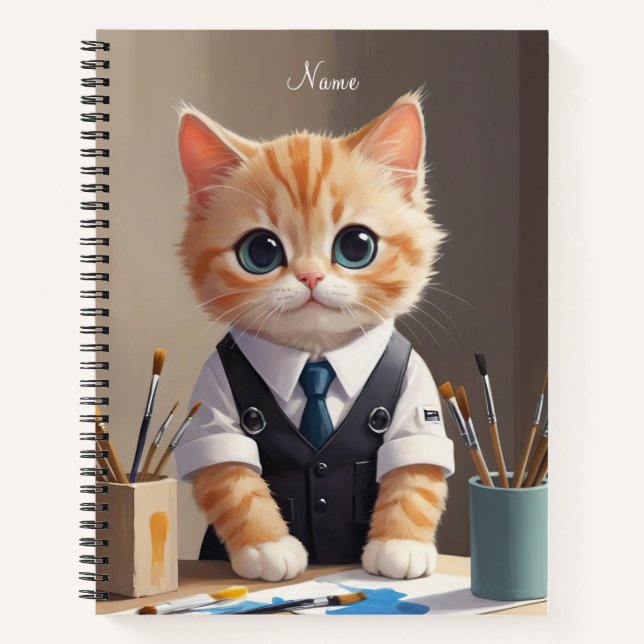 Charming Ginger Cat Artist with Paintbrushes Cute  Notebook (Front)