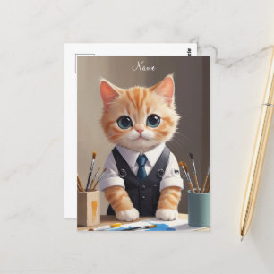 Charming Ginger Cat Artist with Paintbrushes Cute Postcard