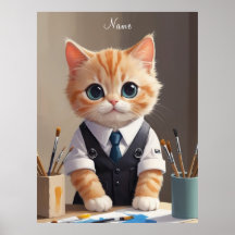 Charming Ginger Cat Artist with Paintbrushes Cute 