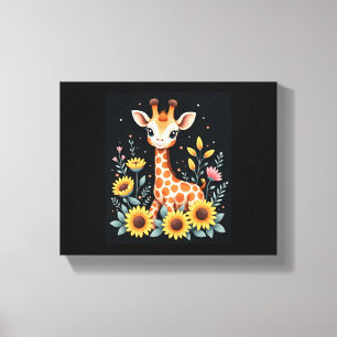Charming Giraffe Surrounded By Flowers Long Sleeve Canvas Print