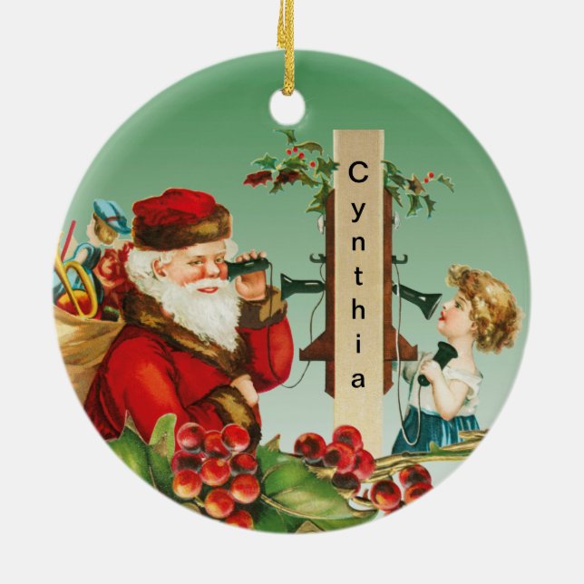 Charming Girl on Telephone with Santa Christmas Ceramic Ornament (Back)