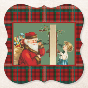 Charming Girl on Telephone with Santa on Plaid Paper Coaster