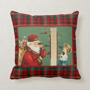 Charming Girl on Telephone with Santa on Plaid Thr Throw Pillow