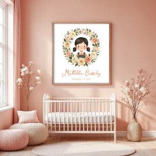 Charming Girl with Rose Circular Wreath Nursery Poster