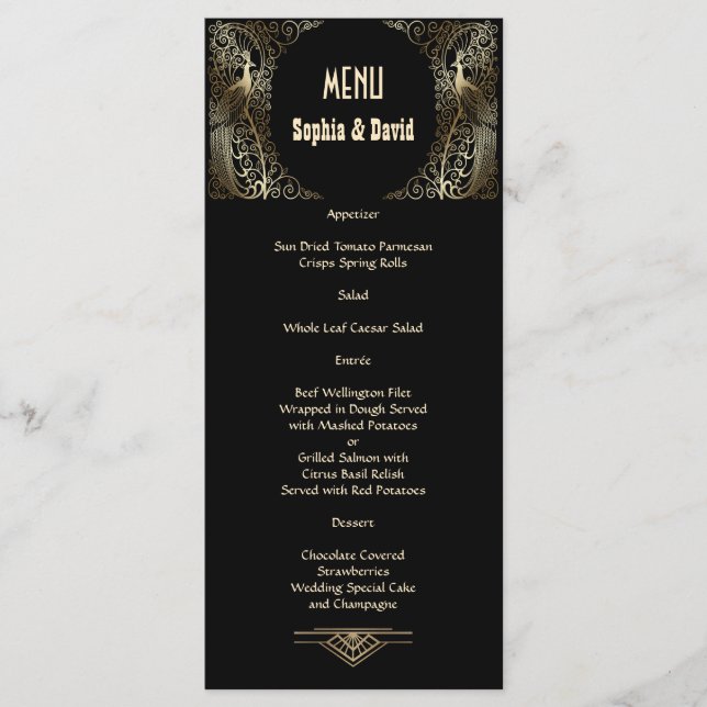 Charming Gold Art Deco Peacocks Wedding Menu (Front)