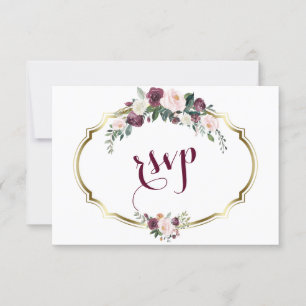 Charming Gold Burgundy Blush Floral Wedding RSVP Card