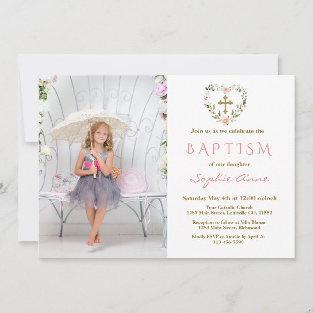 Charming Gold Cross Floral Girl Photo Baptism Invitation (Front)