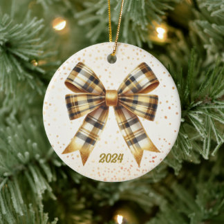 Charming Gold Plaid Bow Year Accent Ceramic Ornament