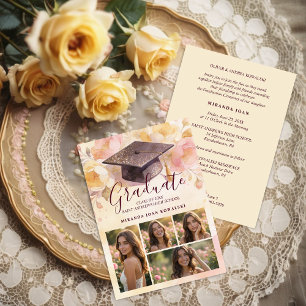 Charming Graduation Cap 4-Photo Collage Floral Invitation