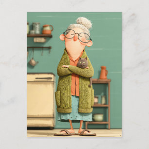 Charming Grandma and Her Cat Holiday Postcard