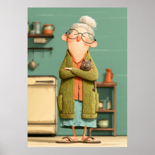 Charming Grandma and Her Cat Poster