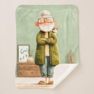 Charming Grandpa and His Cat Sherpa Blanket