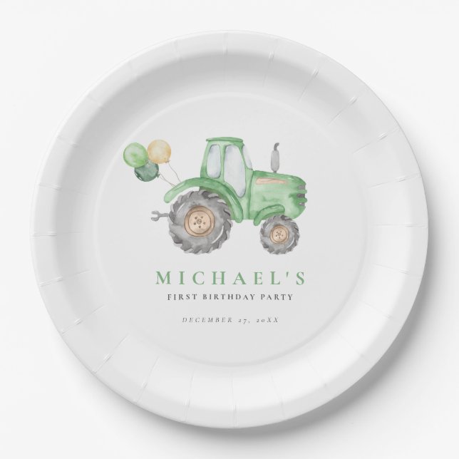 Charming Green Tractor Birthday Paper Plate (Front)