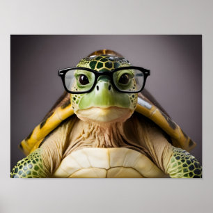 Charming Green Turtle with Glasses Poster