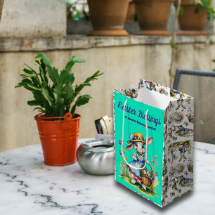 Charming Green Vintage Girl Easter Bunny  Medium Gift Bag