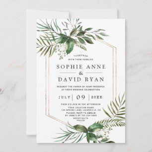 Charming Greenery Gold Geometric Frame Wedding Invitation