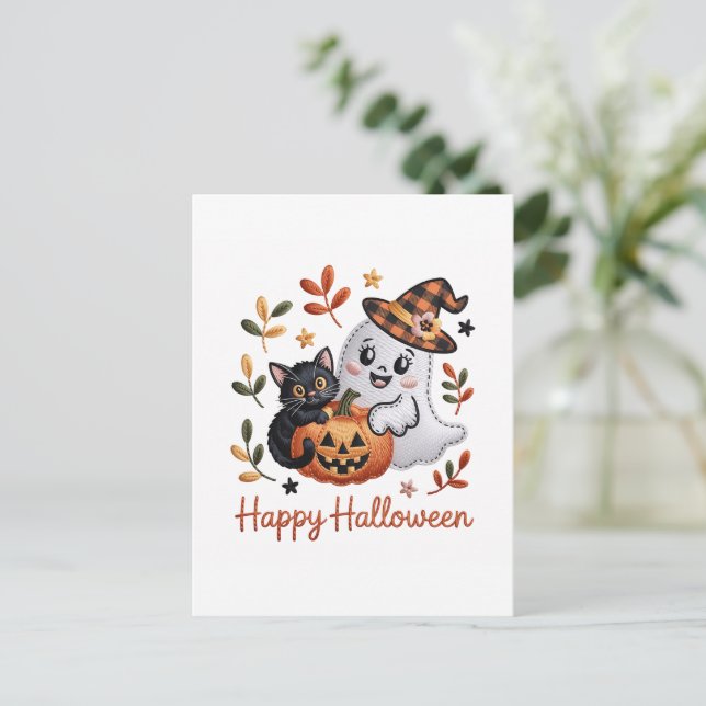 Charming Halloween Greeting Card – Hand-Drawn Embr (Standing Front)