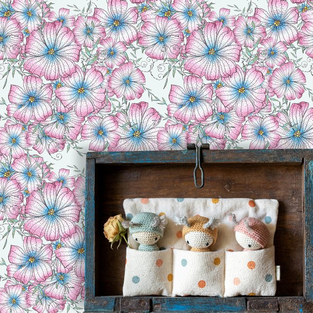 Charming Hand-Drawn Pink Blue Blooming Flowers Wallpaper (Creator Uploaded)