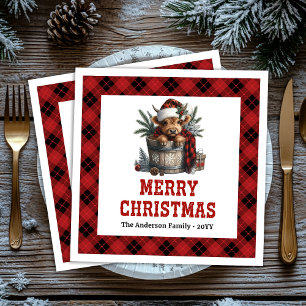 Charming highland cow holiday red black tartan napkin