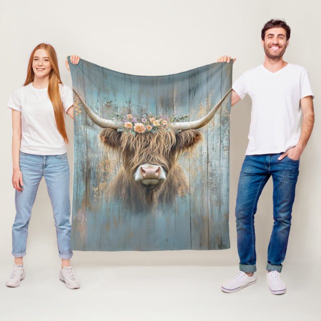 Charming Highland Cow Long Horns Shaggy Fur Fleece Blanket (In Situ)