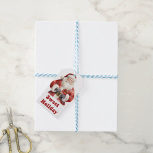 Charming holiday tags featuring Santa with a gift