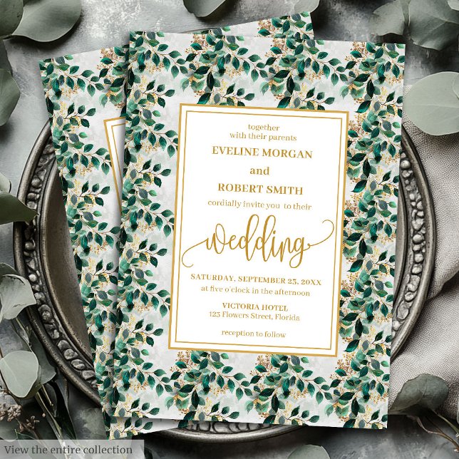 Charming Hunter Green Gold Eucalyptus Wedding  Invitation (Charming Hunter Green Gold Eucalyptus Wedding Invitation)