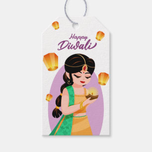 Charming Indian Girl with Floating Lanterns Diwali Gift Tags