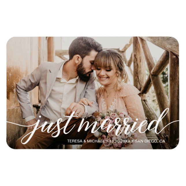 Charming Just Married Script Overlay Photo Magnet (Horizontal)