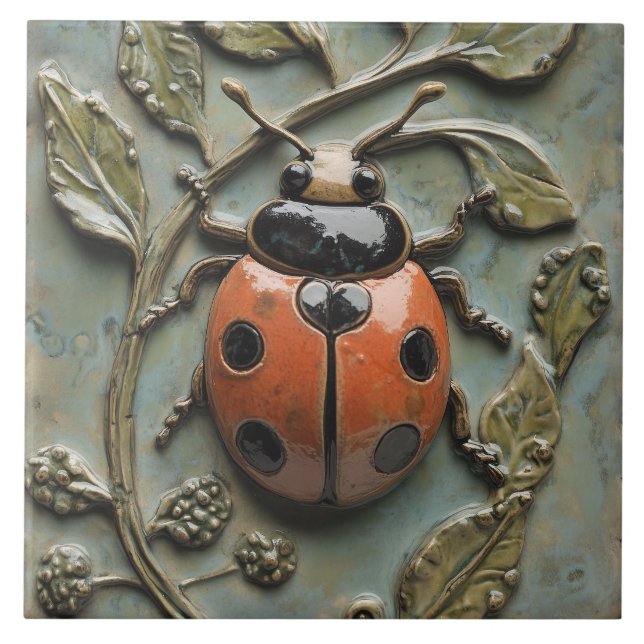 Charming Ladybug and Foliage Faux Relief Tile (Front)