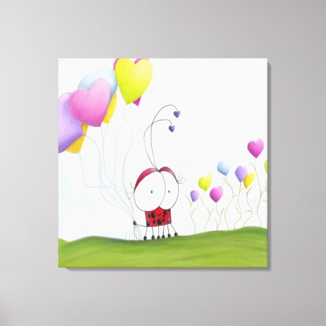 Charming Ladybug with Colourful Heart Balloons Canvas Print (Front)