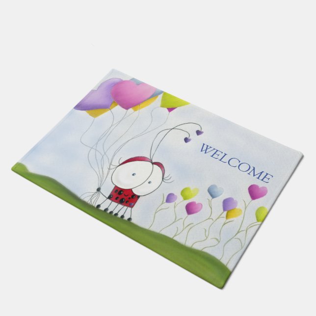Charming Ladybug with Colourful Heart Balloons Doormat (Angled)