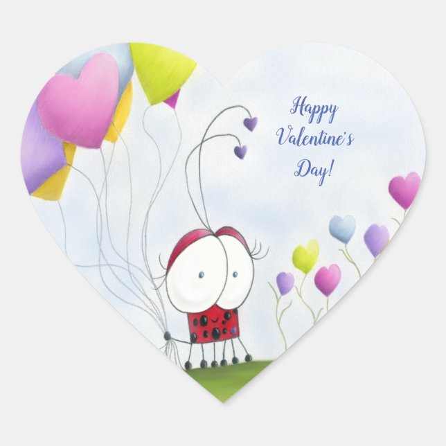 Charming Ladybug with Colourful Heart Balloons Heart Sticker (Front)