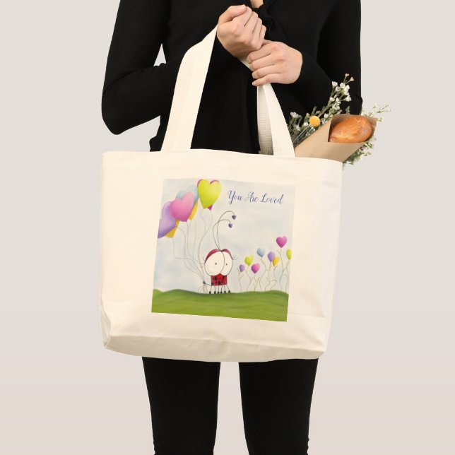 Charming Ladybug with Colourful Heart Balloons Large Tote Bag (Front (Product))