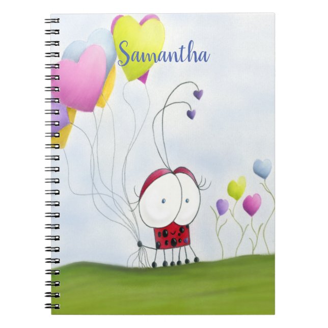 Charming Ladybug with Colourful Heart Balloons Notebook (Front)