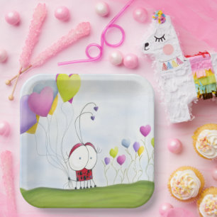 Charming Ladybug with Colourful Heart Balloons Paper Plate
