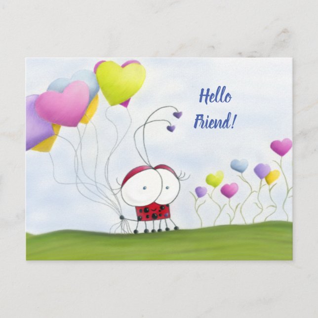 Charming Ladybug with Colourful Heart Balloons Postcard (Front)