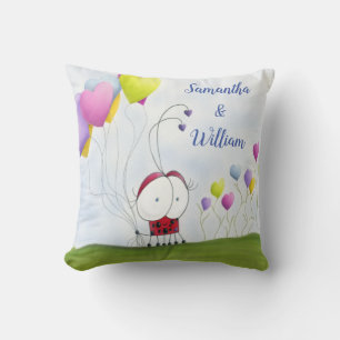 Charming Ladybug with Colourful Heart Balloons Throw Pillow