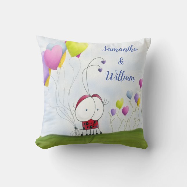 Charming Ladybug with Colourful Heart Balloons Throw Pillow (Front)