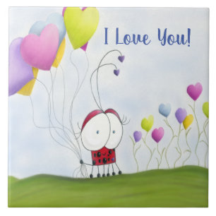 Charming Ladybug with Colourful Heart Balloons Tile