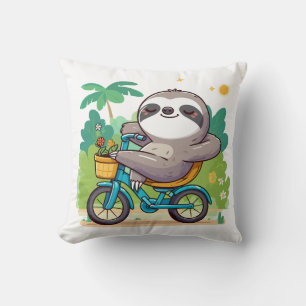 Charming Lazy Sloth's Relaxing Bike Adventure Throw Pillow